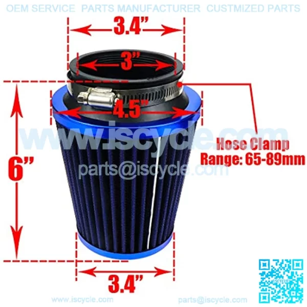 Universal Clamp-On Conical Mesh Air Intake Filter Rplacement for Auto Car Cold Air Intake Modification, with 6-Inch Height, 3-Inch Inlet Dia & 65-89mm Hose Clamp, Blue - Image 2