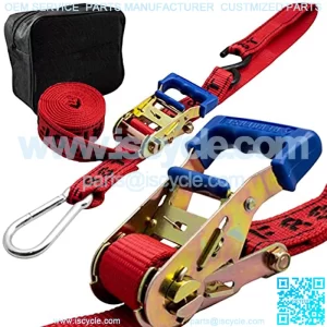 Motorcycle Ratchet Strap 1.5" x 8" Heavy Duty Tiedown - Soft Loop System & Safety Carabiner - Securely Transport Motorbikes, Dirtbikes, ATV, UTV - 2,600lbs Break Strength - 2 Pack Red & Black