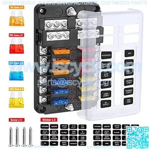 Electop 12-Way Blade Fuse Block, 12 Circuits with Negative Bus Fuse Box Holder with LED Indicator Damp-Proof Protection Cover Sticker for Automotive Car Truck Boat Marine RV Van