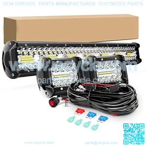 20Inch 420W Triple Row Spot Flood Combo Led Light Bar Work Driving Lamp 2Pcs 4Inch 60W Cube LED Pods Lights for Trucks with Off-Road Wiring Harness Kit-3 Leads, 2 Year Warranty