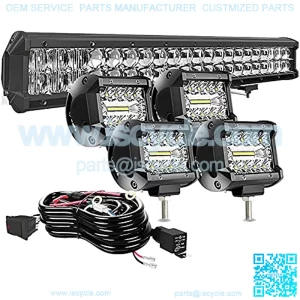 20Inch 126W 5D Led Light Bar Spot Flood Combo Beam + 4Pcs 4" 60W LED Work Light Pods Driving Fog Lamp with Rocker Switch Wiring Harness for Polaris Truck ATV UTV SUV 4X4 Boat