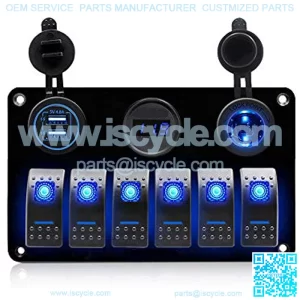 Gerguirry 6 Gang Waterproof Marine Boat Rocker Switch Panel with 12V/24V Dual USB Slot Socket + Voltmeter+ Power Socket Blue LED Backlight for Car SUV Marine RV Truck Camper Boat