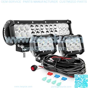 ZH016 12 Inch 72W Spot Combo Bar 2PCS 4 Inch 18W Flood LED Fog Lights with Off Road Wiring Harness- 2 Leads , White