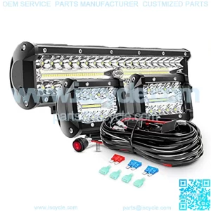 LED Light Bar Set, 12 Inch 300W Triple Row Spot Flood Combo Work Driving Lamp, 2 Pcs 4 inch 60 W Triple Row Flood Spot LED with Wiring Harness for Off road ATV Boat Lighting