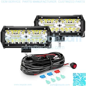 2PCS 6.5 Inch 120W Triple Row LED Pods Flood Light Bar Fog Light Driving Lighting with 16AWG Off Road Wiring Harness-2 Leads for Truck Golf Cart SUV ATV UTV Boat