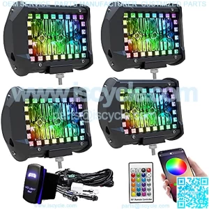 4PCS 4" inch LED Pods Flood Work Light Bar with Multi-Color Chasing RGB Halo 16 Solid Colors Over 92 Flashing Modes Offroad Pods Lights LED Driving Lamp Fog Lights with Switch Wiring Harness