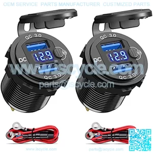 12V USB Outlet 2 Pack, Dual Quick Charge 3.0 12V Socket USB Charger with LED Voltmeter and Power Switch, Waterproof Aluminum Car Charger Adapter for RV Marine Motorcycle Truck Golf Cart RV etc.