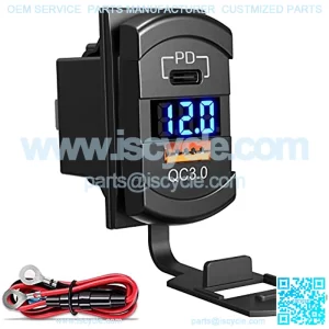 [2022 New] USB C Car Charger Socket Rocker Style Switch Replacement, Dual PD and QC3.0 12V/24V Panel Mount USB Outlet with LED Voltmeter for Boat Marine Truck Bus Off Road Vehicles RV Golf Cart, etc.