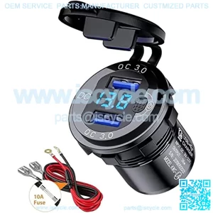 Quick Charge 3.0 Dual USB Car Charger Socket 12V/24V 36W QC3.0 Dual USB Aluminum Socket Power Outlet with LED Voltmeter and ON/Off Switch for Marine, Boat, Motorcycle, Truck, Golf Cart