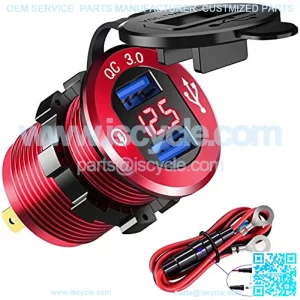 12V USB Outlet Quick Charge 3.0 Dual USB Charger Socket, USB Cigarette Lighter Socket with LED Voltmeter, Waterproof Aluminum Car Charger Adapter DIY Kit for Car Marine Truck Golf Cart RV, etc.