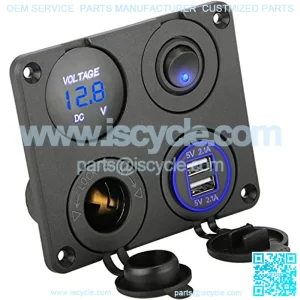 4 in 1 Dual USB Socket Charger 2.1A & 2.1A + LED Voltmeter + 12V Power Outlet+ ON-Off Toggle Switch, Multifunction Panel for Car Boat Marine RV Truck Camper Vehicles GPS Mobiles (Blue)