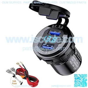 3.0 USB Quick Charger Socket, 12V/24V Dual USB Charger Socket with Switch On/Off and Waterproof LED Digital Voltemeter for Marine, Boat, Motorcycle, Truck and More (Blue)