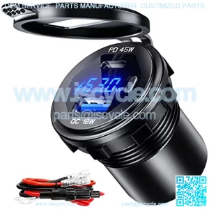 USB C Car Charger Socket 12V/24V USB Outlet, 45W PD Type C & 18W QC 3.0 Car Dual USB Port with LED Voltmeter & Button Switch DIY Car Socket for Car Boat Marine Bus Truck Golf RV Motorcycle GOBGOD