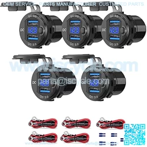 [5 Pack]12V USB Outlet, Dual USB QC 3.0 Socket Waterproof Power Outlet 12V/24V 2.1A & 2.1A with Blue LED Voltmeter and Power Switch for Car Golf Cart Boat Marine Bus Truck RV Marine Motorcycle etc.