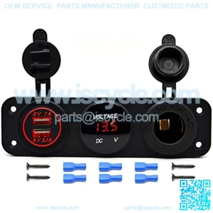 Triple Function Dual USB Charger + LED Voltmeter + 12V Outlet Power Socket Panel Jack for Car Boat Marine Digital Devices Mobile Phone Tablet (Red LED)