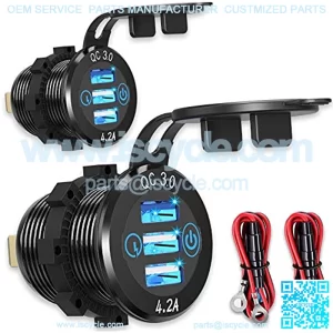 12V USB Aluminum Car Charger [2-Pack], Qidoe Quick Charge 3.0/4.2A Triple USB Outlet 12V Socket with Touch Power Switch, Waterproof Car Adapter for Car Boat Marine Bus Truck Golf Cart RV Motorcycle