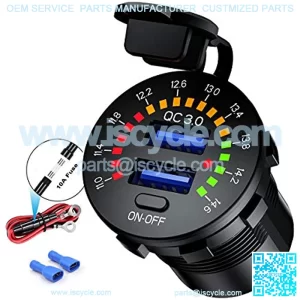Quick Charge 3.0 Car Charger, Waterproof 36W Dual USB QC3.0 Fast Charging Socket Power Outlet with Voltmeter & Switch & 10A Fuse Built-in for 12V/24V Vehicles
