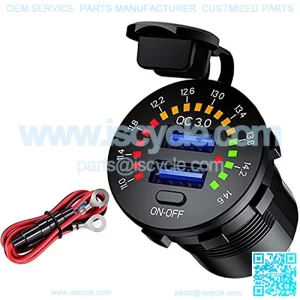 [Upgraded Version] Quick Charge 3.0 Dual USB Car Charger Socket with Colorful Voltmeter & ON/Off Switch, 12V USB Outlet for Car Marine Boat Motorcycle ATV Bus Truck and More - Black