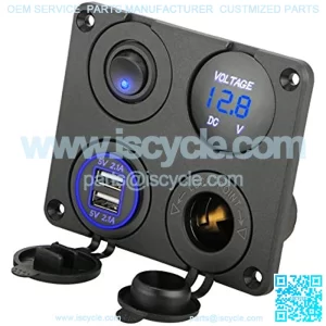 4 in 1 Multifunction Panel Power Outlet Socket Charger with 12V Cigarette Socket, Blue Digital Voltmeter, Double USB Power Outlet Socket, ON-Off Toggle Switch