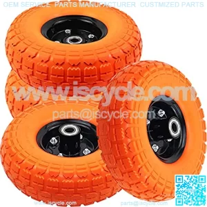 10" Flat Free Tires Solid Rubber Tyre Wheels??4.10/3.5-4 Air Less Tires Wheels with 5/8" Center Bearings??for Hand Truck/Trolley/Garden Utility Wagon Cart/Lawn Mower/Wheelbarrow/Generator??4 Pack, Orange