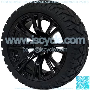 14" Black 'Voodoo' Golf Cart Wheels and 20"x8.5"-14 STINGER On-Road/Off-Road DOT rated All-Terrain tires - Set of 4, includes Black 'SS' center caps and 1/2x20 Black lug nuts