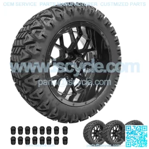 Golf Cart Wheels 14" Chaos Gloss/Black on 23" A/T Tires Cart Set of 4
