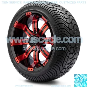 12" Red and Black Golf Cart Wheels and Tires (215-35-12) - Set of 4