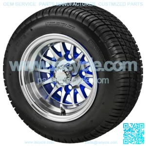 (4)Golf Cart 205/50-10 Tire on 10x7 Machined/Blue 14-Spoke Wheel Free Freight
