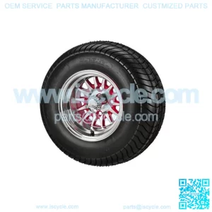 (4)Golf Cart 205/65-10 DOT Tires on 10x7 Machined/Red 14-Spoke Wheels
