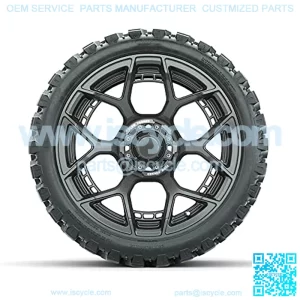 Evolution Gunmetal 15" Lifted Golf Cart Wheels Mounted on 23" Steel Belted Radial All-Terrain Tires (23x10-15) | Set of 4