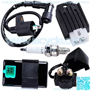 CDI Box Ignition Coil Solenoid Relay Voltage Regulator with Spark Plug Set of Five(5) for 50cc 70cc 90cc 110cc 125cc ATV Dirt Bike and Go Kart