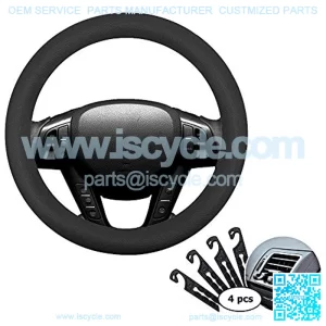 Black Silicone Auto Car Steering Wheel Cover 13"-15" / 33-38cm, with 4 pcs Air Vent Hook