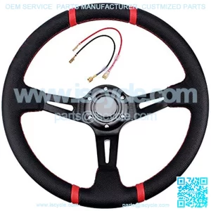 Deep Dish Racing Steering Wheel Universal Leather Embroidery 13.58??/345mm 6 Bolts with Horn Button Include Cable, Wrench (Black)