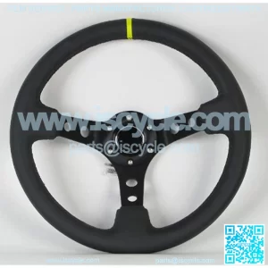 ST-006BK-Y, 350mm 3 Inches Deep Dish 6 Hole Racing Steering Wheel Black Leather Yellow Pointer with Horn Button ST-006BK-Y