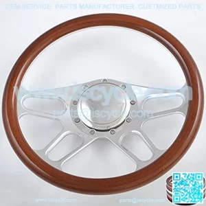 14'' Billet 4-Slot Half Wrap 9 Bolts Steering Wheel with 2'' Dish and Horn Button (Walnut Wood)