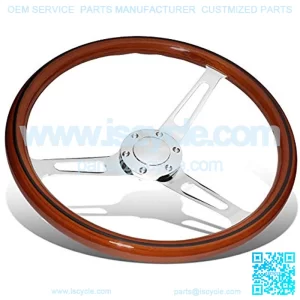15 Inches Wood Grain Grip Vintage Steering Wheel 2 Inches Deep Dish Stainless Steel Spoke w/Horn Button
