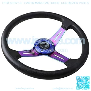 Universal Racing Steering Wheel 13.5 inch 345mm 6 Bolts Grip with Vinyl Leather,3 Aluminum Spokes with ABS Horn Button (Neo Chrome)