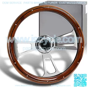 13.5" Universal 343mm 6 Bolt Hole Deep Dish Billet Streak Aluminum Polished Wood Grain Trim Vintage Steering Wheel