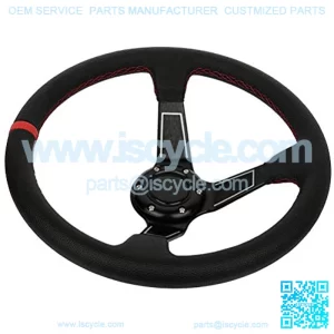 Universal 350MM Classic Steering Wheel, 6 Bolt Steering Wheel with Black Perforated Red Stitch PVC Leather