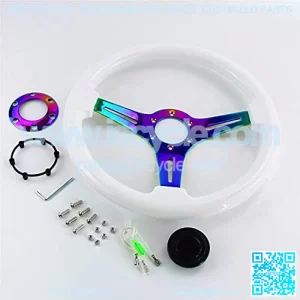 14" 350mm Wood Steering Wheel 6 Bolts 1.75" Dish Chrome Spoke W/Horn Universal (white)