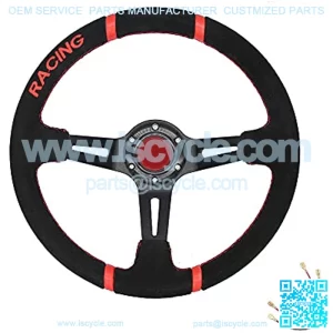 350mm 3 Inches Deep Dish 6 Hole Racing Steering Wheel Velvety Skin Grip Suede Wrapped Leather Red Pointer With Horn Button For Car Boat Truck Yacht