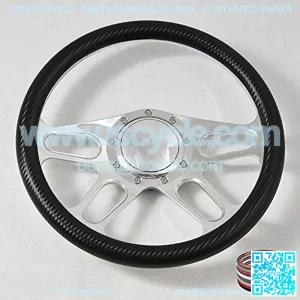 14" Polished Billet Steering Wheel With Carbon Fiber Half Wrap and Horn Button
