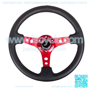 RST-006RD forced Steering Wheel (350mm Sport Steering Wheel (3" Deep) - Red Spokewith Round holes/Black Leather)