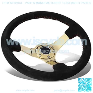 RST-036GD-S Race Style 350mm Sport Steering Wheel (3' deep, Black Suede with Red Baseball Stitching, Chrome Gold spoke)