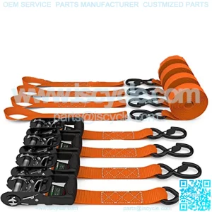 Ratchet Straps Tie Down Kit, 5,208 Break Strength - Includes (4) Heavy Duty 1.6" x 8' Rachet Tiedowns with Padded Handles & Coated Chromoly S Hooks + (4) Soft Loop Tie-Downs (Orange),+