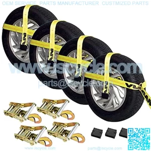 Classic Yellow Adjustable Loop Car Tie Down Kit With Snap Hooks (Complete Kit Includes 4 Straps And 4 Ratchets)