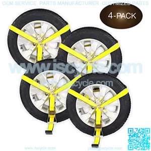 4 Side Mount Wheel Nets with Flat Hook and Ratchet | 4 Pack Car Wheel Lasso Straps for Auto Hauling