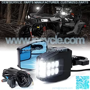 Aluminium UTV Side Rear View Mirrors Fit All 1.6-2 Inch Roll Bar Cage, Blue Anti-Glare Mirrors and Smoke Lens LED Spot Light for UTV ATV Can am Maverick X3 Polaris RZR XP 1000 Yamaha