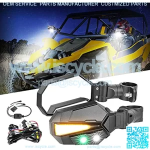 UTV Side Mirrors w/turn signal/white/green LED Lights Fits 1.75 - 2 Inch Roll Bar Cage Rear View Side Mirrors for Side by Side Polaris RZR Ranger Can Am x3 Pioneer Kawasaki ATV UTV Accessories