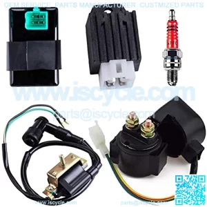 Solenoid Relay 2-Wire Ignition Coil 5 Pin CDI Box Regulator Rectifier Spark Plug for 4-Stroke 50cc 70cc 90cc 110cc 125cc ATV Dirt Bike Go Kart Compatible with Kazuma Taotao Coolster Parts